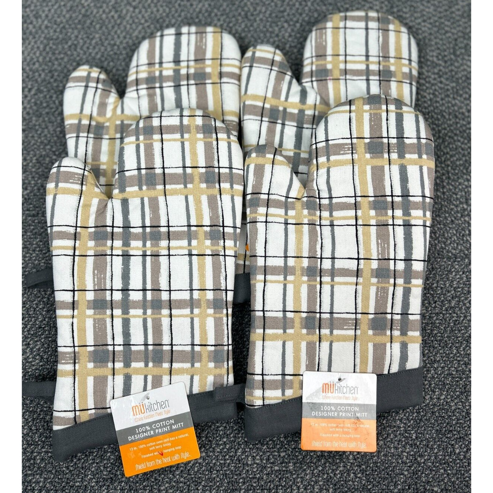 MU Kitchen Oven Mitt 2 Pair 4 Gloves Our Home Plaid Cotton Thick Terry Lined 13"